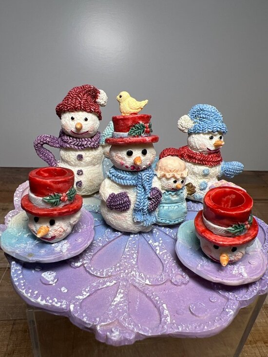 Other - Snowman Family Figurine Set With Tea Party Scene On Purple Base